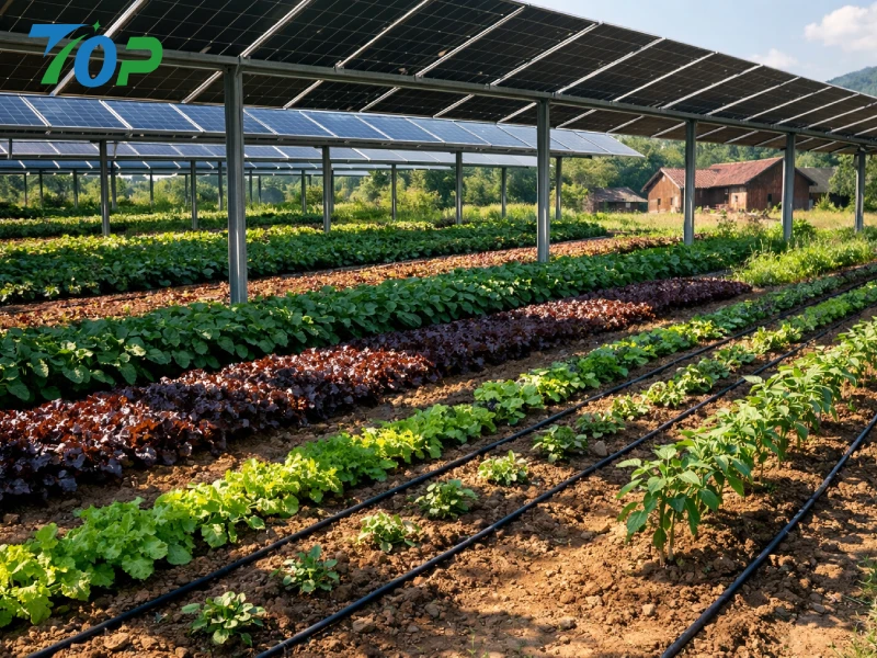 Crops growing under solar panels in agrivoltaics system