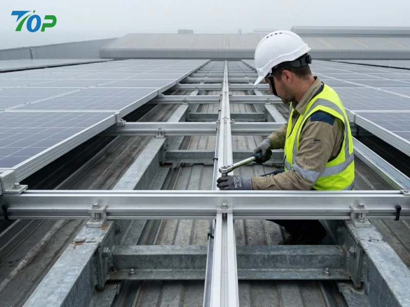 EPC engineer inspecting corrosion-resistant photovoltaic mounting system on coastal rooftop